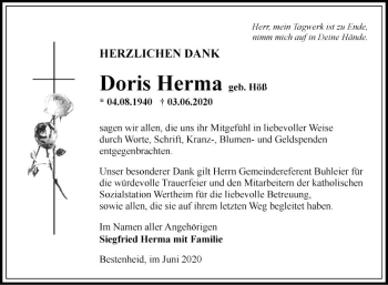 Traueranzeige von Doris Herma von Fränkische Nachrichten