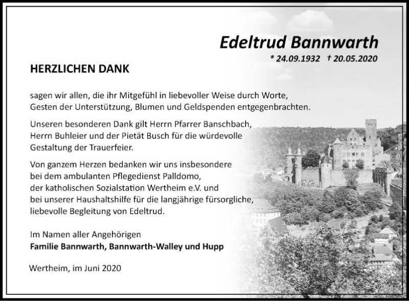  Traueranzeige für Edeltrud Bannwarth vom 13.06.2020 aus Fränkische Nachrichten
