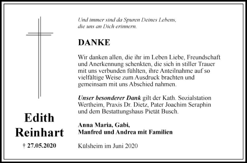  Traueranzeige für Edith Reinhart vom 20.06.2020 aus Fränkische Nachrichten