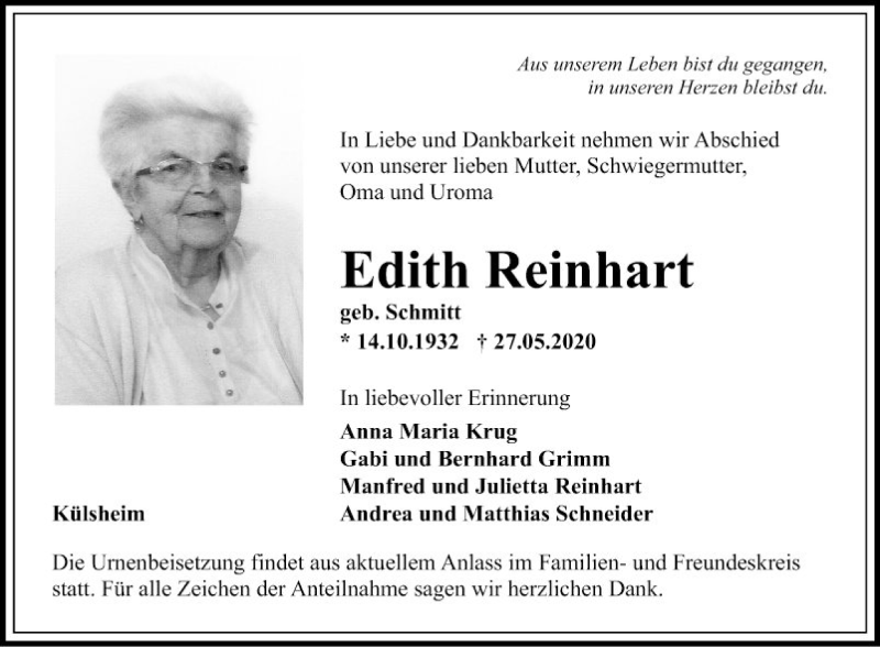  Traueranzeige für Edith Reinhart vom 02.06.2020 aus Fränkische Nachrichten