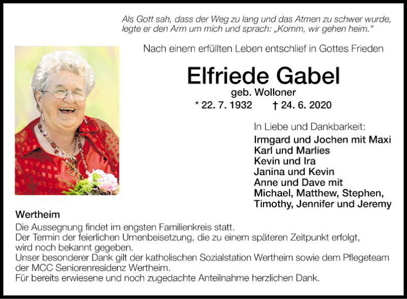  Traueranzeige für Elfriede Gabel vom 27.06.2020 aus Fränkische Nachrichten