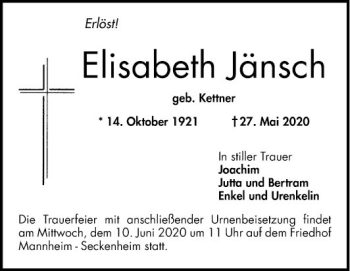 Traueranzeige von Elisabeth Jänsch von Mannheimer Morgen