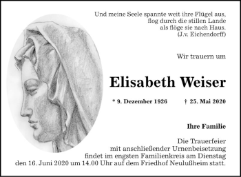 Traueranzeige von Elisabeth Weiser von Schwetzinger Zeitung