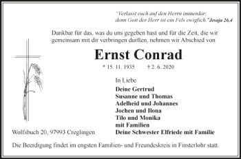 Traueranzeige von Ernst Conrad von Fränkische Nachrichten