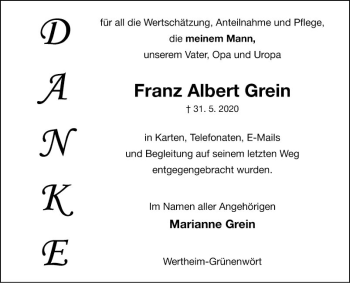 Traueranzeige von Franz Albert Grein von Fränkische Nachrichten