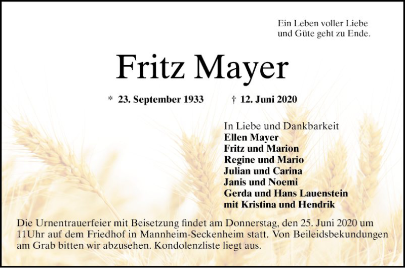  Traueranzeige für Fritz Mayer vom 20.06.2020 aus Mannheimer Morgen
