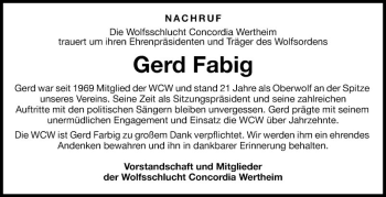 Traueranzeige von Gerd Fabig von Fränkische Nachrichten