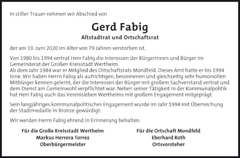  Traueranzeige für Gerd Fabig vom 25.06.2020 aus Fränkische Nachrichten