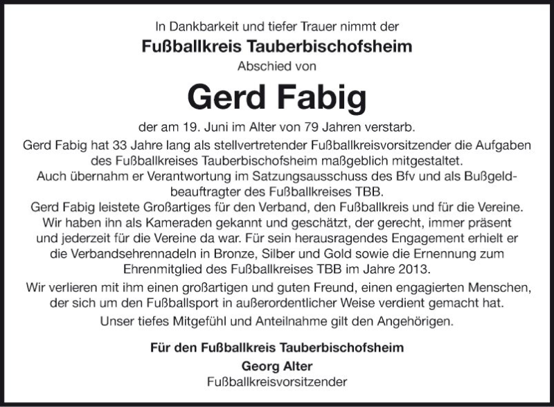  Traueranzeige für Gerd Fabig vom 25.06.2020 aus Fränkische Nachrichten