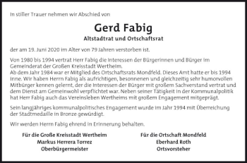 Traueranzeige von Gerd Fabig von Fränkische Nachrichten