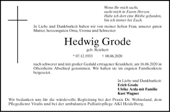 Traueranzeige von Hedwig Grode von Schwetzinger Zeitung