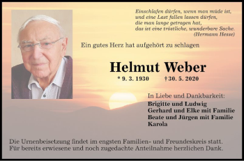Traueranzeige von Helmut Weber von Fränkische Nachrichten