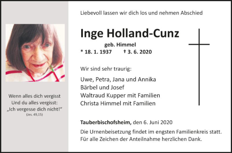  Traueranzeige für Inge Holland-Cunz vom 06.06.2020 aus Fränkische Nachrichten