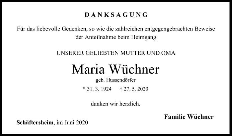  Traueranzeige für Maria Wüchner vom 19.06.2020 aus Fränkische Nachrichten