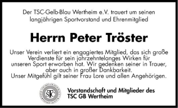 Traueranzeige von Peter Tröster von Fränkische Nachrichten