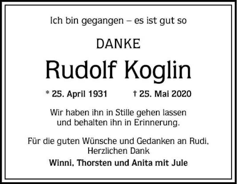  Traueranzeige für Rudolf Koglin vom 06.06.2020 aus Mannheimer Morgen