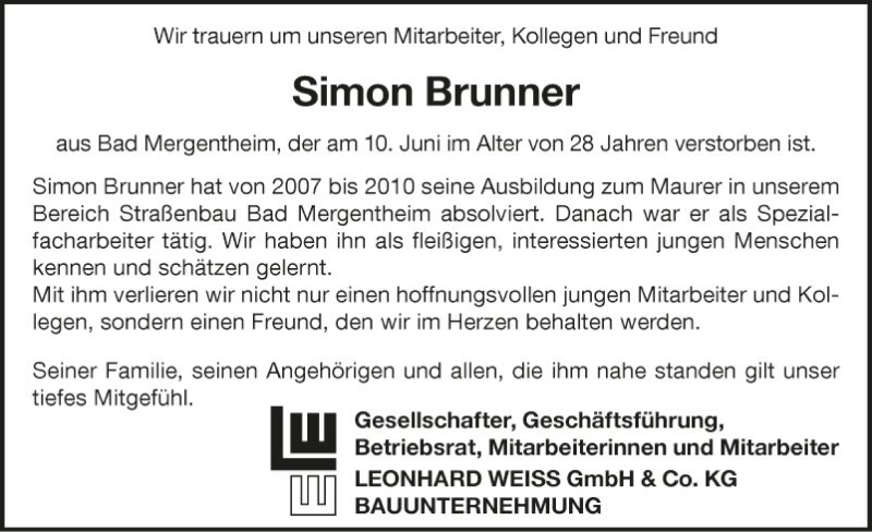  Traueranzeige für Simon Brunner vom 20.06.2020 aus Fränkische Nachrichten