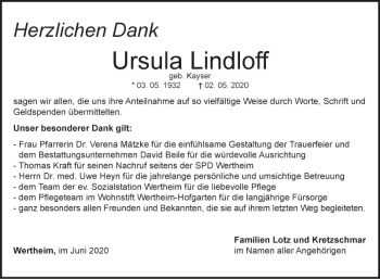 Traueranzeige von Ursula Lindloff von Fränkische Nachrichten