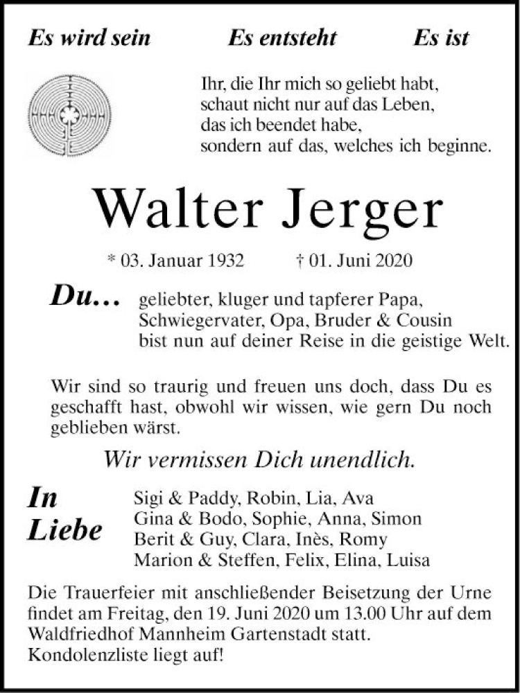  Traueranzeige für Walter Jerger vom 13.06.2020 aus Mannheimer Morgen