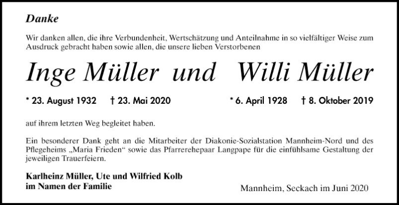  Traueranzeige für Willi Müller vom 20.06.2020 aus Mannheimer Morgen