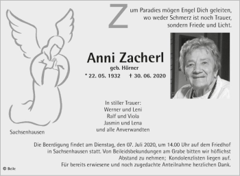 Traueranzeige von Anni Zacherl von Fränkische Nachrichten