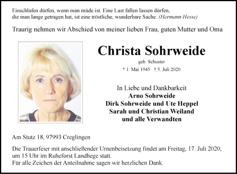  Traueranzeige für Christa Sohrweide vom 11.07.2020 aus Fränkische Nachrichten