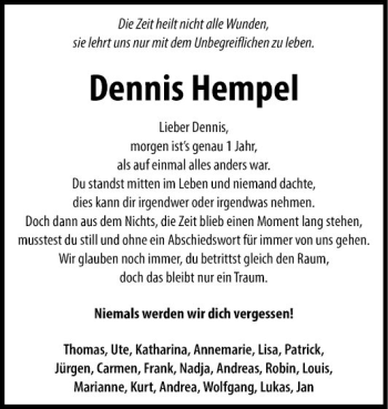 Traueranzeige von Dennis Hempel von Fränkische Nachrichten