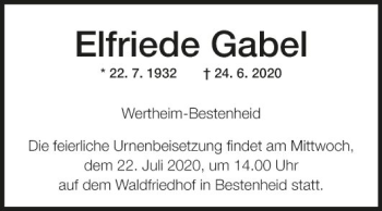 Traueranzeige von Elfriede Gabel von Fränkische Nachrichten