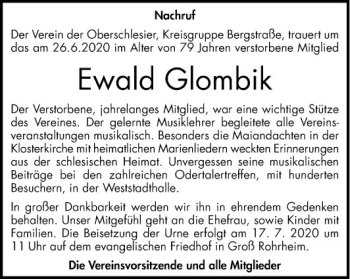 Traueranzeige von Ewald Glombik von Bergsträßer Anzeiger