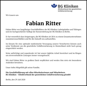 Traueranzeige von Fabian Ritter von Mannheimer Morgen