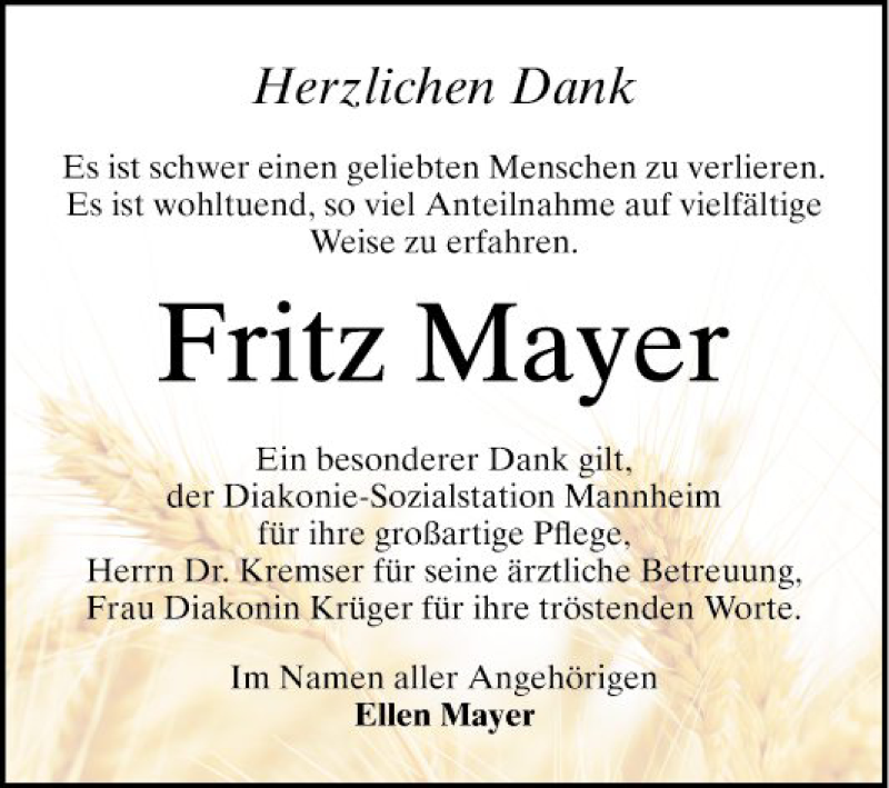  Traueranzeige für Fritz Mayer vom 04.07.2020 aus Mannheimer Morgen
