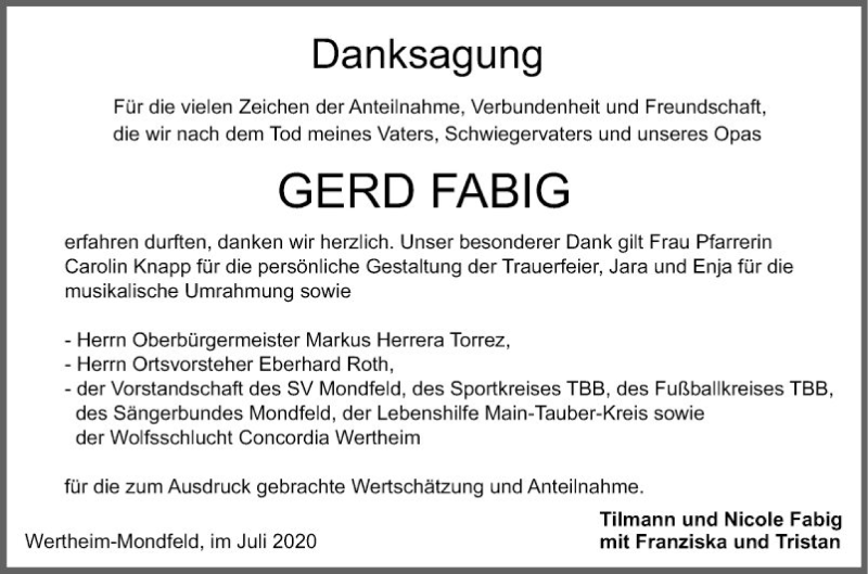  Traueranzeige für Gerd Fabig vom 17.07.2020 aus Fränkische Nachrichten