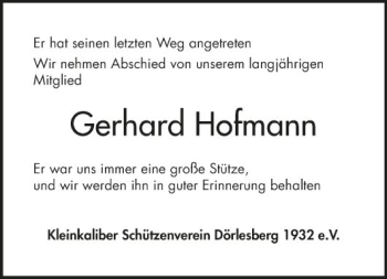 Traueranzeige von Gerhard Hofmann von Fränkische Nachrichten