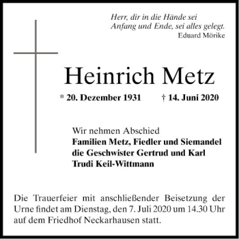 Traueranzeige von Heinrich Metz von Mannheimer Morgen