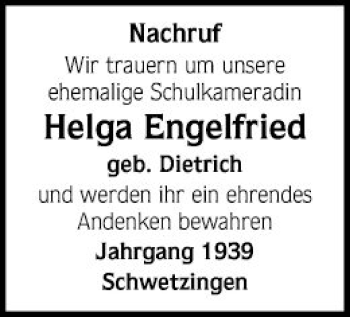 Traueranzeige von Helga Engelfried von Schwetzinger Zeitung