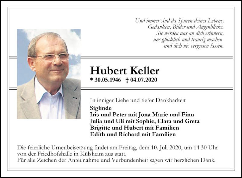  Traueranzeige für Hubert Keller vom 08.07.2020 aus Fränkische Nachrichten