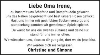 Traueranzeige von Irene  von Fränkische Nachrichten