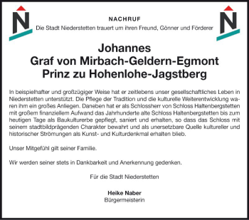 Traueranzeige von Johannes von Mirbach-Geldern-Egmont von Fränkische Nachrichten