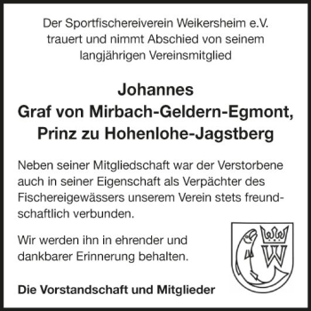 Traueranzeige von Johannes von Mirbach-Geldern-Egmont von Fränkische Nachrichten