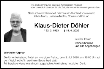 Traueranzeige von Klaus-Dieter Döhler von Fränkische Nachrichten