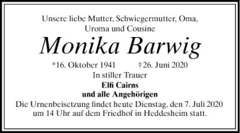 Traueranzeige von Monika Barwig von Mannheimer Morgen