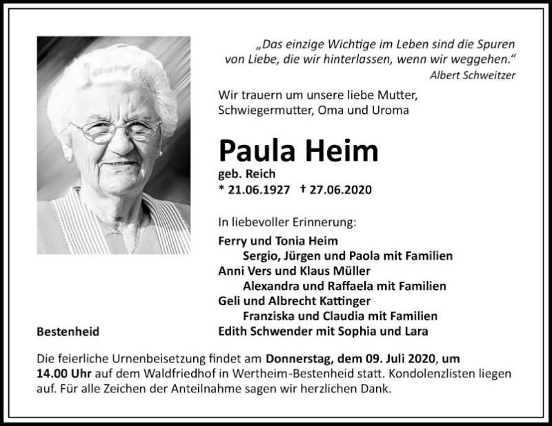  Traueranzeige für Paula Heim vom 04.07.2020 aus Fränkische Nachrichten