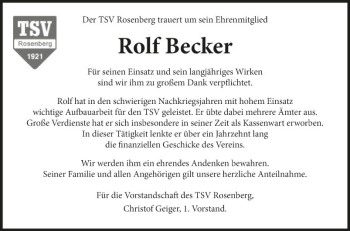 Traueranzeige von Rolf Becker von Fränkische Nachrichten