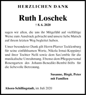 Traueranzeige von Ruth Loschek von Fränkische Nachrichten