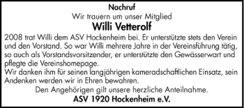 Traueranzeige von Willi Vetterolf von Schwetzinger Zeitung