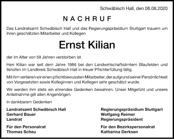 Traueranzeige von Ernst Kilian von Fränkische Nachrichten