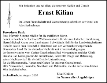 Traueranzeige von Ernst Kilian von Fränkische Nachrichten