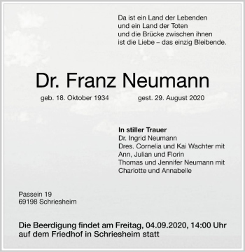 Traueranzeige von Franz Neumann von Mannheimer Morgen