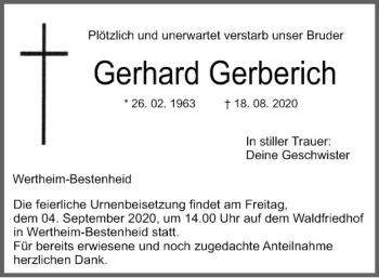 Traueranzeige von Gerhard Gerberich von Fränkische Nachrichten