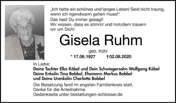 Traueranzeige von Gisela Ruhm von Mannheimer Morgen